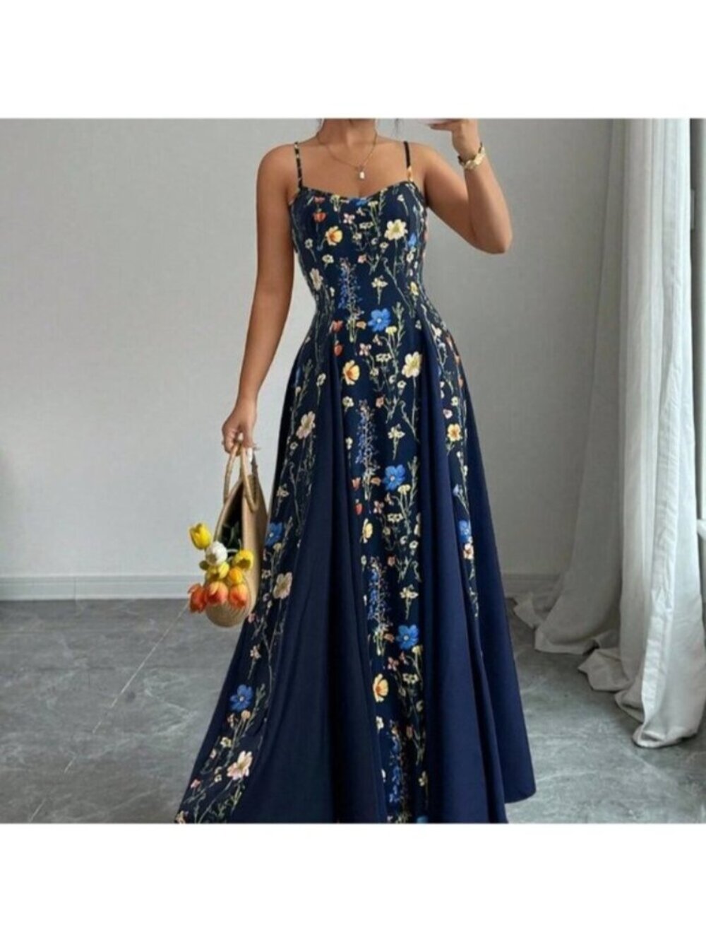 Navy Blue Boho Women's Elegant Sleeveless Long Floral Maxi Dress